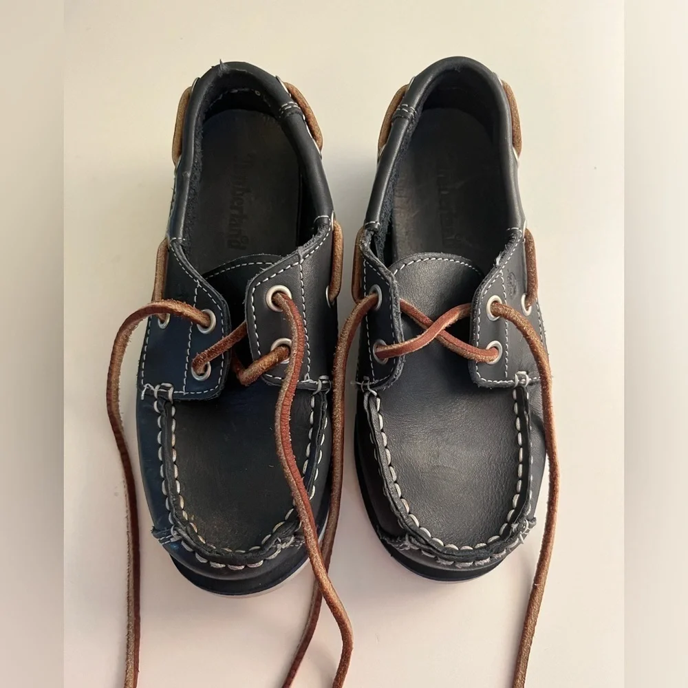 Timberland Blue Boat Shoes White Stitching & Brown Laces